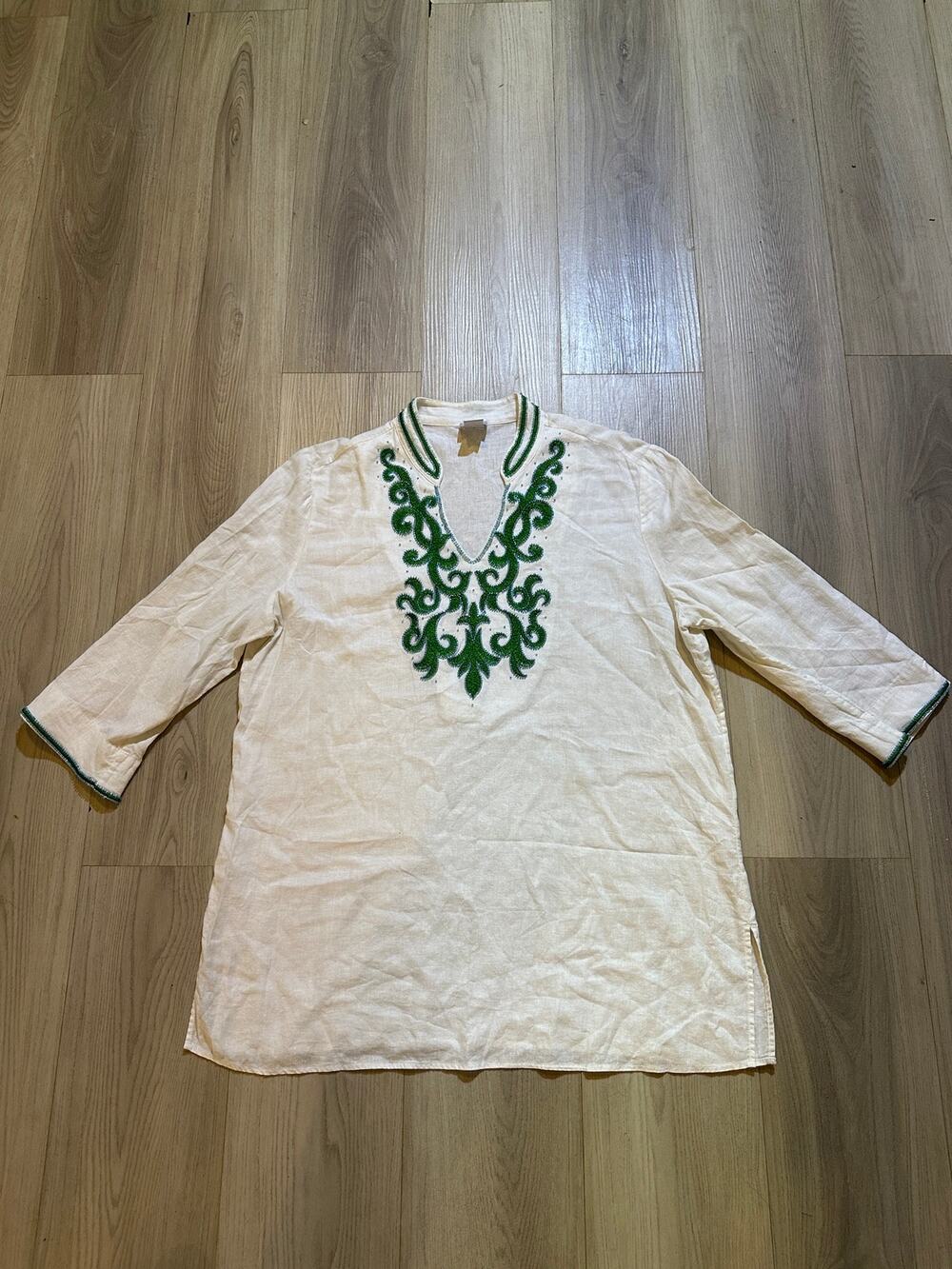 Chico's Embroidered Beaded Linen Tunic Top Size 2 US L 12/14 Cream